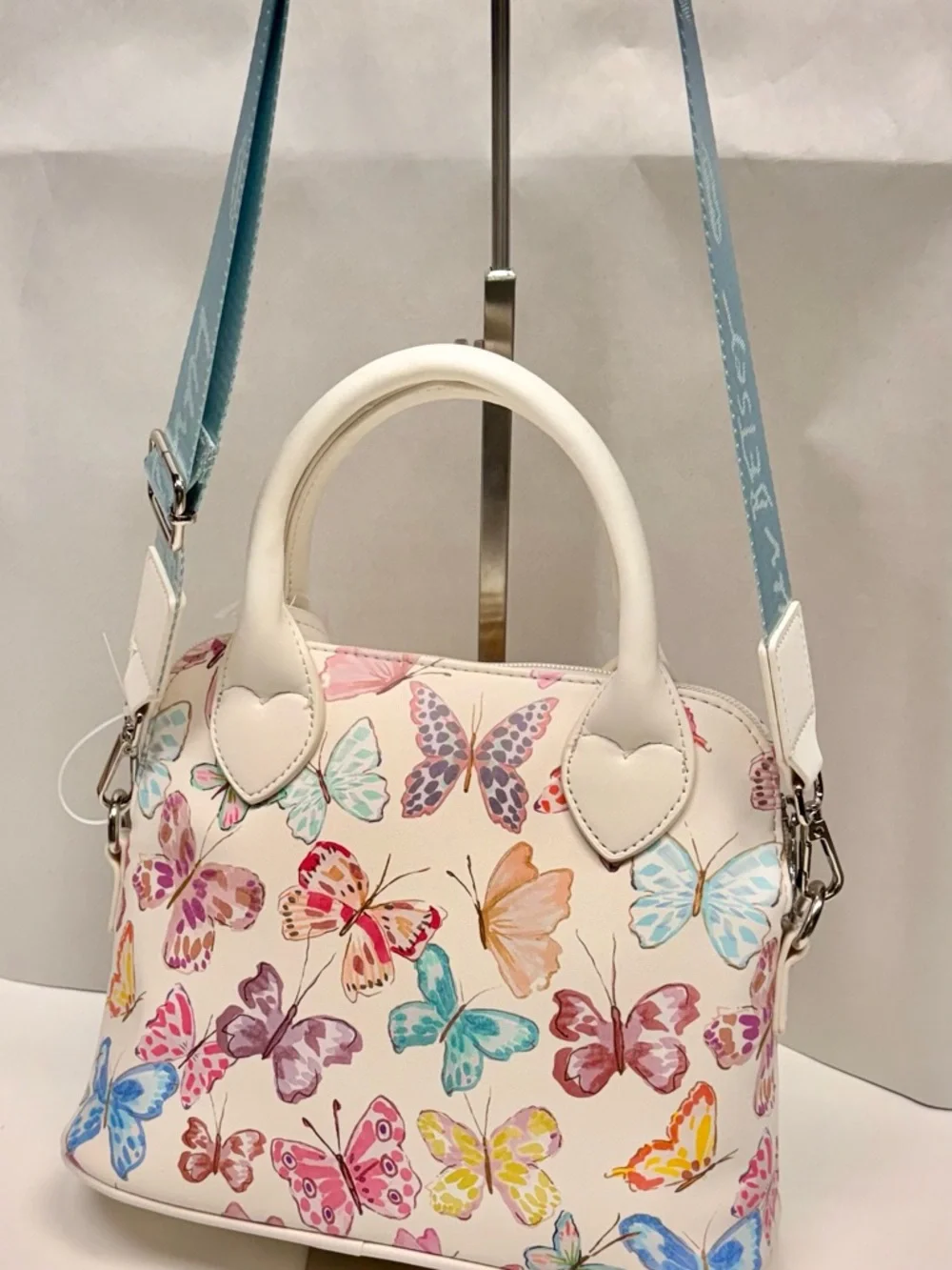 Betsey Johnson White Butterfly Print Satchel Bag with Heart Charm NWT
